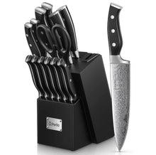 Black kitchen knife set in matching block, with one large chef knife
