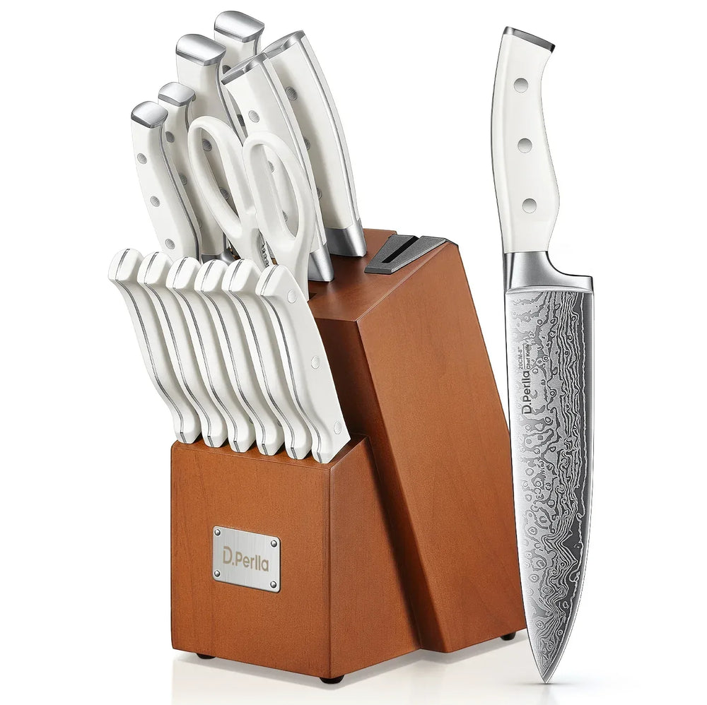 D.Perlla Knife Set, 14 Pcs Kitchen Knives Set with Built-in Sharpener, Stainless Steel Knife Set with Block - USA MEGA SHOP
