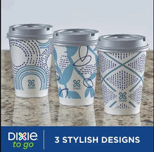Set of three insulated paper cups with lids, blue and white geometric designs