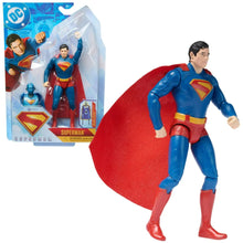 Superman action figure posed with red cape, blue suit, in blister pack