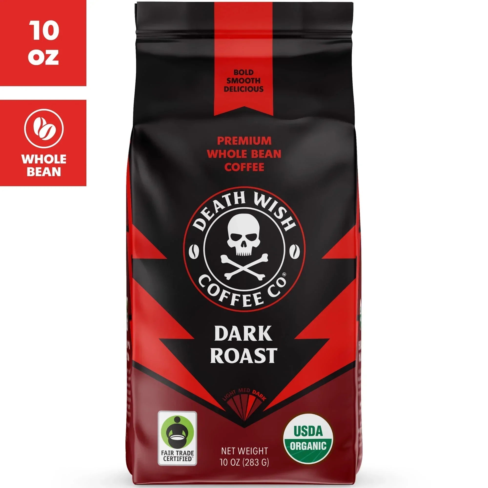 Death Wish Coffee, Dark Roast, Whole Bean, Fair Trade, Organic, Bag, 10oz