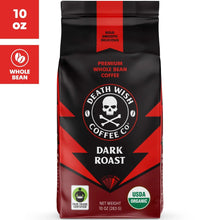 Dark roast whole bean coffee bag with Death Wish Coffee logo; Fair Trade and USDA Organic