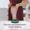 Women’s maximum absorbency briefs under clothing, visible waistband and leg openings