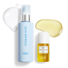 DHC Skin Refresh cleansing oil kit: blue pump bottle with white and golden oil swatches