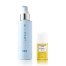DHC Skin Refresh cleansing oil kit: blue pump bottle and small deep cleansing oil bottle
