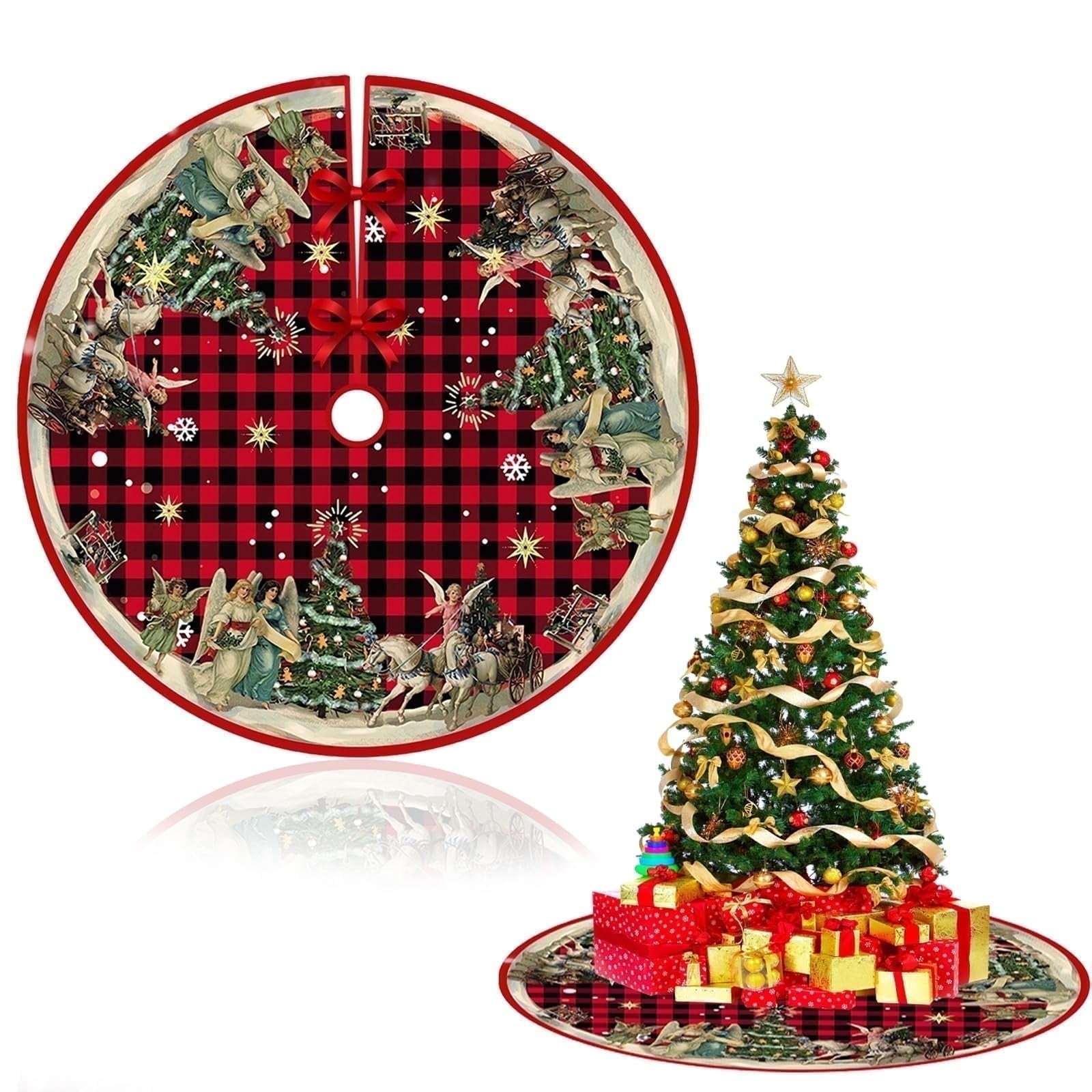 Christmas Tree Skirt, New Year Xmas Deco, 48 Inches Large Christmas Tree Skirts Snowflake Red and Black Plaid Stamp for Christmas Tree Decorations - USA MEGA SHOP