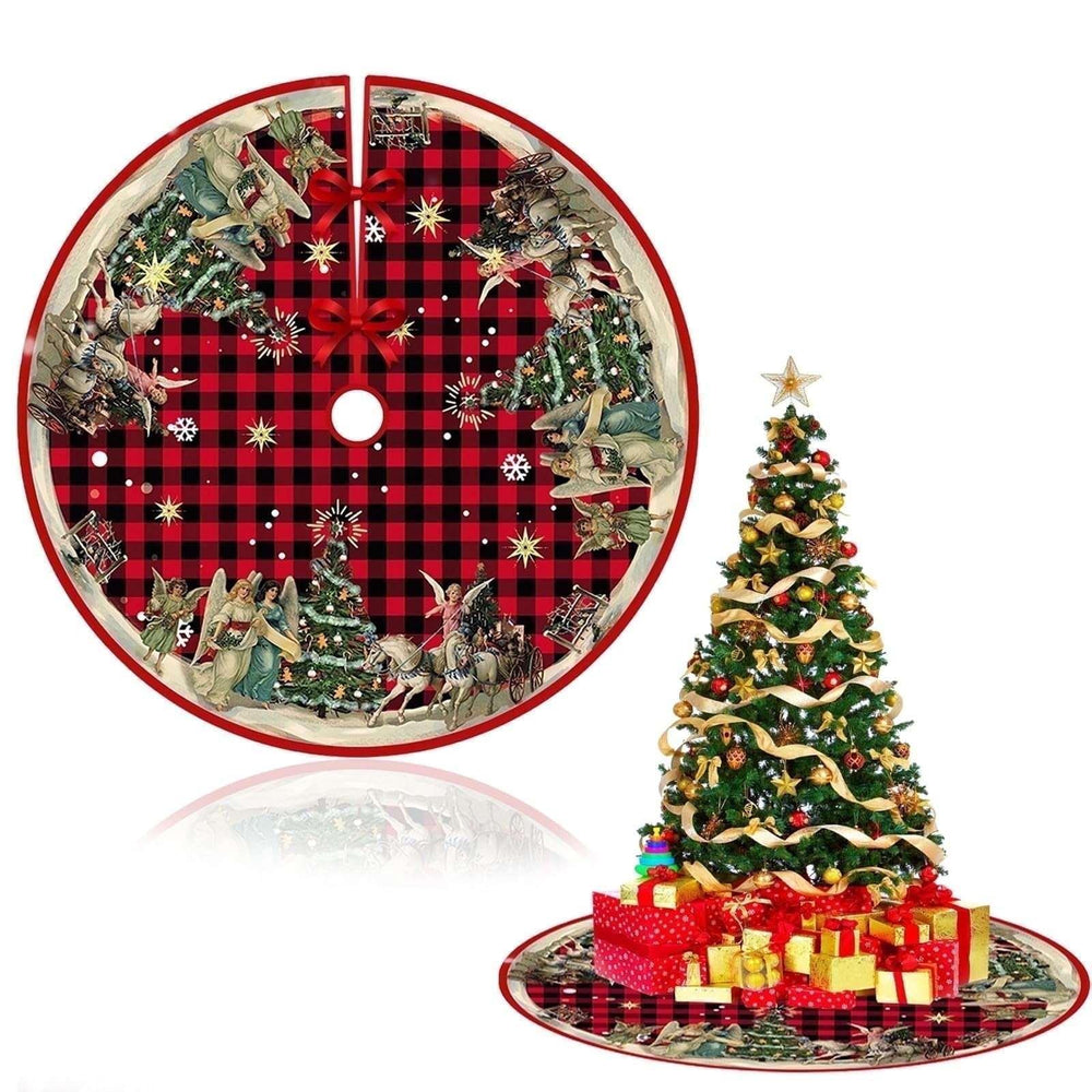 Christmas Tree Skirt, New Year Xmas Deco, 48 Inches Large Christmas Tree Skirts Snowflake Red and Black Plaid Stamp for Christmas Tree Decorations - USA MEGA SHOP