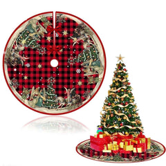 Christmas Tree Skirt, New Year Xmas Deco, 48 Inches Large Christmas Tree Skirts Snowflake Red and Black Plaid Stamp for Christmas Tree Decorations - USA MEGA SHOP