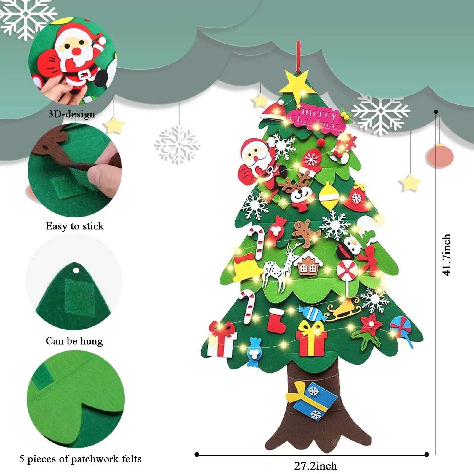 DIY Lighted Felt Christmas Tree Set with Ornaments for Kids, My First Christmas Tree for Toddlers, Xmas Gifts 3.5ft 33 Ornaments Wall Hanging, New Year Door Wall Hanging Decorations - USA MEGA SHOP