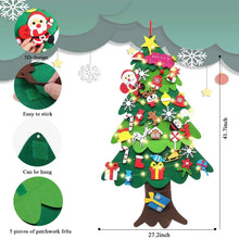 Felt Christmas tree wall hanging with colorful ornaments and small LED lights