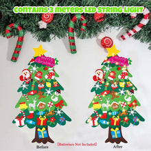 Felt Christmas tree wall hanging with LED string lights and ornament details