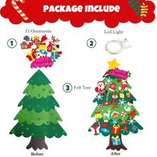 DIY felt Christmas tree set with multiple ornaments and LED lights for hanging
