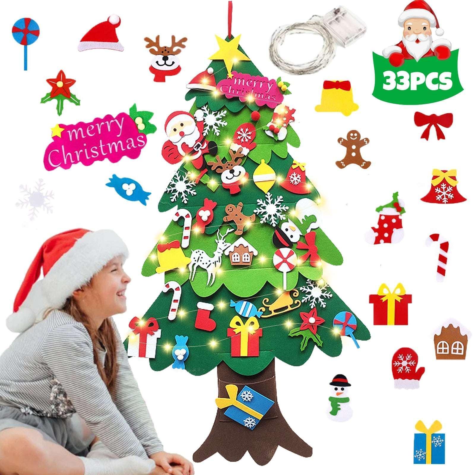 DIY Lighted Felt Christmas Tree Set with Ornaments for Kids, My First Christmas Tree for Toddlers, Xmas Gifts 3.5ft 33 Ornaments Wall Hanging, New Year Door Wall Hanging Decorations
