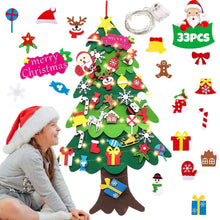 DIY felt Christmas tree wall hanging with LED lights and assorted small holiday ornaments