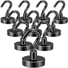 Set of 10 black magnetic hooks with curved hanger tops and round magnet bases
