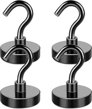 Pair of black magnetic hooks with curved hook ends and round bases