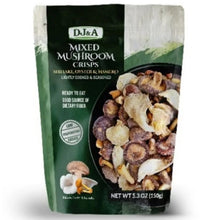 Mixed mushroom crisps bag with DJ&A label and snack pieces
