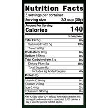 Nutrition Facts panel with 140 calories per serving for mixed mushroom crisps