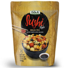 Sushi snack mix pouch with D&A Sushi Style label and coated peanuts & rice crackers