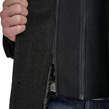 Men's black hooded coat with concealed zipper and inner adjustable drawcord