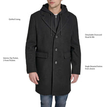 Men's hooded coat, black, front button closure with flap pockets and drawstring hood.