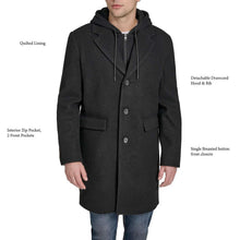 Men's black hooded coat with zip front, snap buttons, and front flap pockets