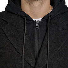 Men's black hooded coat with drawstring hood and full-zip front