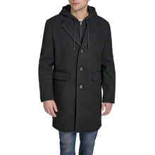 Men's hooded coat in black with zip front, button placket, and two chest flap pockets