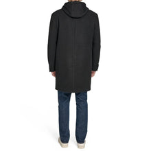 Men's black hooded coat, back view with full-length buttonless front opening