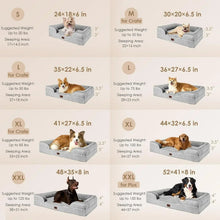 Grey orthopedic dog bed size chart graphic with multiple size options