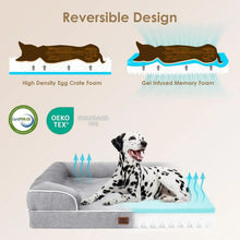 Grey reversible dog bed with foam layers, dog resting on the cushioned base