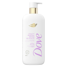 White body wash bottle with gold pump and purple Vitality Renewal label
