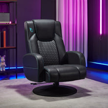 Black pedestal swivel gaming chair with padded headrest and teal accent stitching