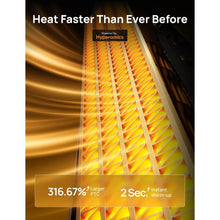 Tower heater fan with white body and dark grille, featuring heated airflow pattern.