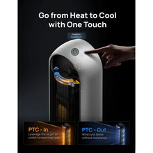 Tower heater fan showing airflow and heating element cutaway, with white outer shell.