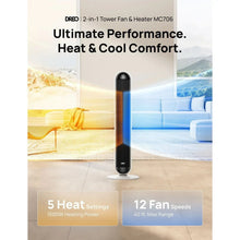 2-in-1 tower fan heater with slim dark grille and white body, on pedestal base.