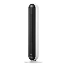 Tower heater fan with slim dark grille and white body, standing on round base.