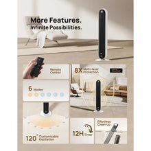 Tower heater fan with remote control and vertical airflow design, white and dark.