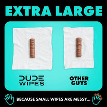 Extra-large flushable wipes showing two white sheets with brown strip inserts