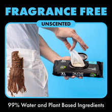 Unscented XL flushable wipes pouch with plant-based badge, black and blue