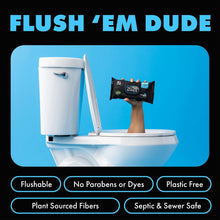 XL flushable wipes pack near toilet, black and blue flushable branding