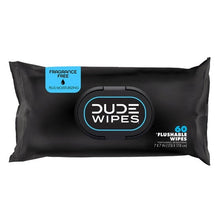 Fragrance-free flushable wipe pack, black pouch with DUDE Wipes logo and 60 wipes.