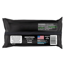 Black flushable wipes pouch back with directions and ingredients panel, DUDE Wipes.