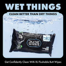 XL flushable wet wipes floating in water, DUDE Wipes fragrance-free odor control pack