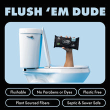 XL flushable wet wipes pack in hand above toilet bowl, DUDE Wipes odor control