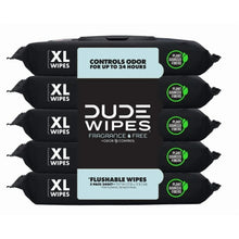 XL flushable fragrance-free wet wipes multipack, DUDE Wipes black packs with odor control