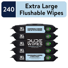 XL flushable wet wipes pack, DUDE Wipes fragrance-free odor control on black packaging
