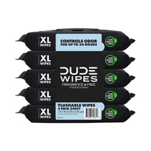 Stack of XL flushable DUDE Wipes, fragrance-free odor control black packs with labels