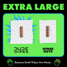 Extra large wipes pack comparison graphic showing two white wipe squares with brown streaks