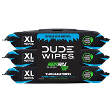 DUDE WIPES XL menthol flushable wipes pouch, black and blue package front view